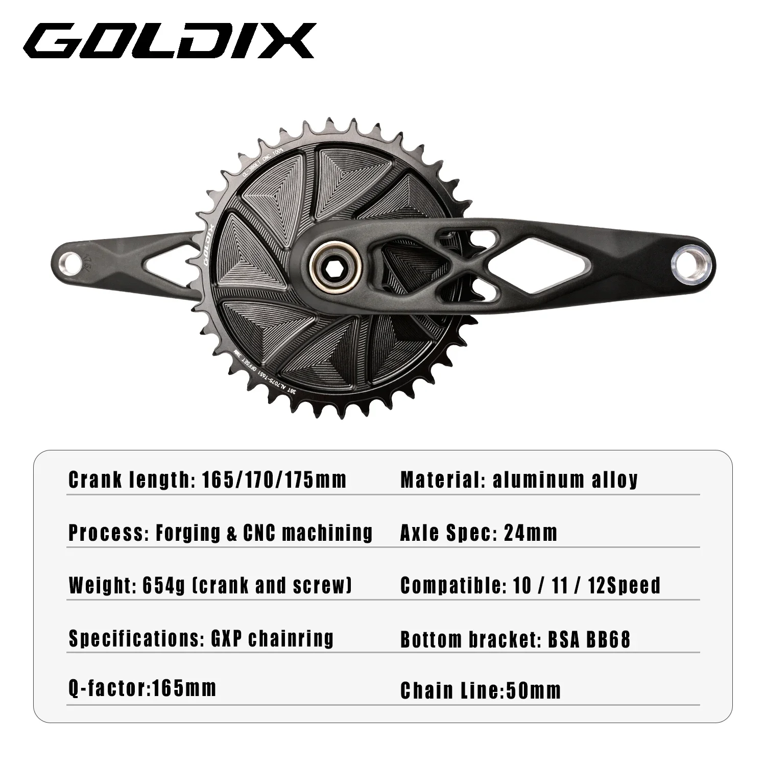 GOLDIX High Strength MTB Bicycle Crankset 3-Bolt Direct Mount 165/170/175mm Forged Alloy Crank Arm Narrow-Wide Single Chainring