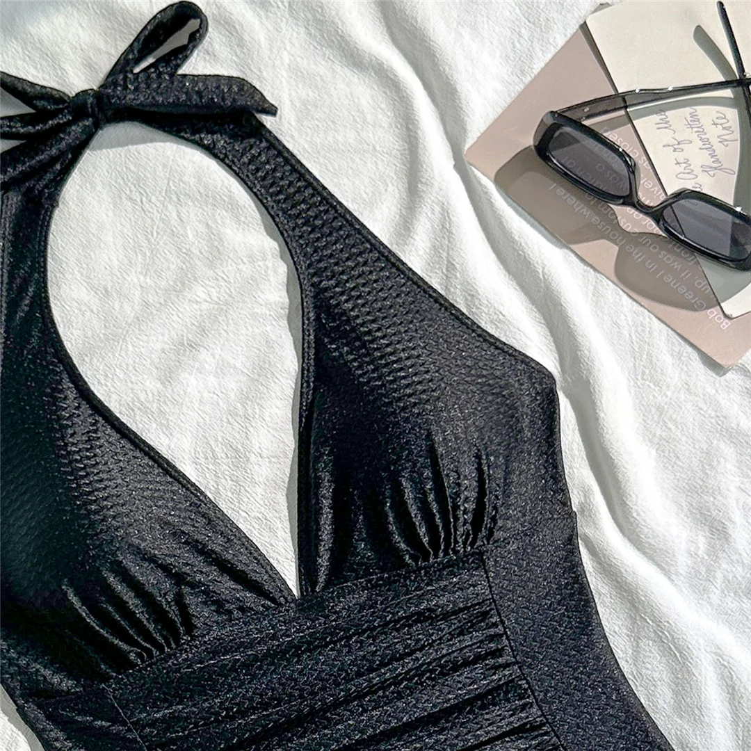 V-Ausschnitt, Neckholder, geraffter Einteiler-Badeanzug, Damen-Bademode, rückenfreier Monokini, hoher Beinausschnitt, Badeanzug, Badebekleidung, V7568 – Detail 21