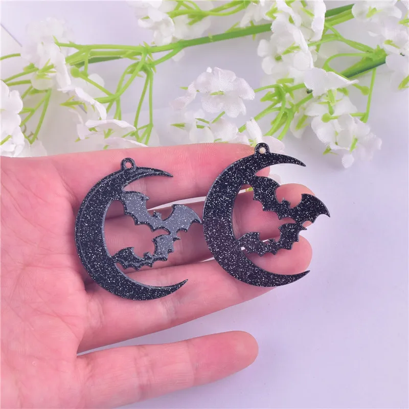 10pcs Halloween Black Moon Bat Charms Pendant for Earring Necklace Jewelry Making Craft DIY 35*40mm