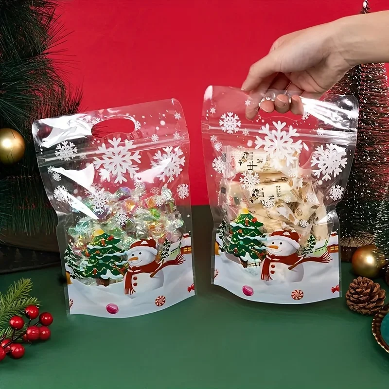 50Pcs Christmas Transparent Plastic Cookie Bags Snowman Snowflake Pattern Baking Candy Packaging Bags Christmas Gifts Bags