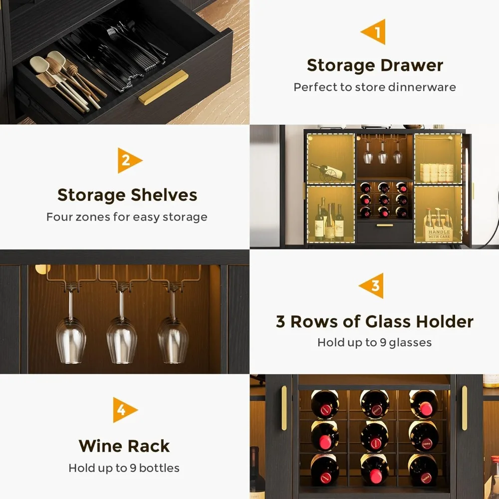 Modern Wine Bar Cabinet - with LED Light, Power Outlet, Wine Rack & Glasses Holder | Liquor Storage