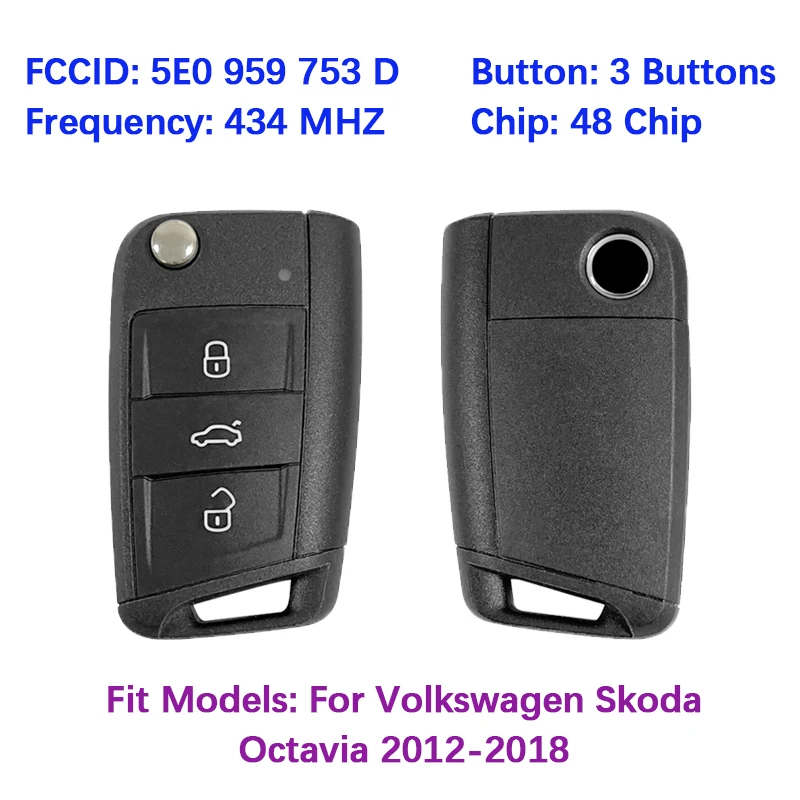 CN001091 Original 3Button Smart Key FCC 5E0 959 753 D 48Chip 434MHz For Volkswagen Polo Golf Skoda Octavia Rapid Fabia 2012-2020