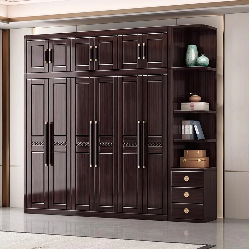 Ebony all solid wood wardrobe with top cabinet corner cabinet new Chinese bedroom three four five six doors large wardrobe