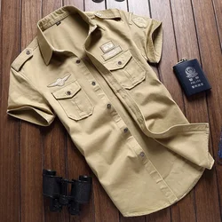 2023 New Mens Military Shirt Men Short Sleeve Cargo Shirts 100% Cotton Casual Solid Shirt Male Pocket Work Shirt