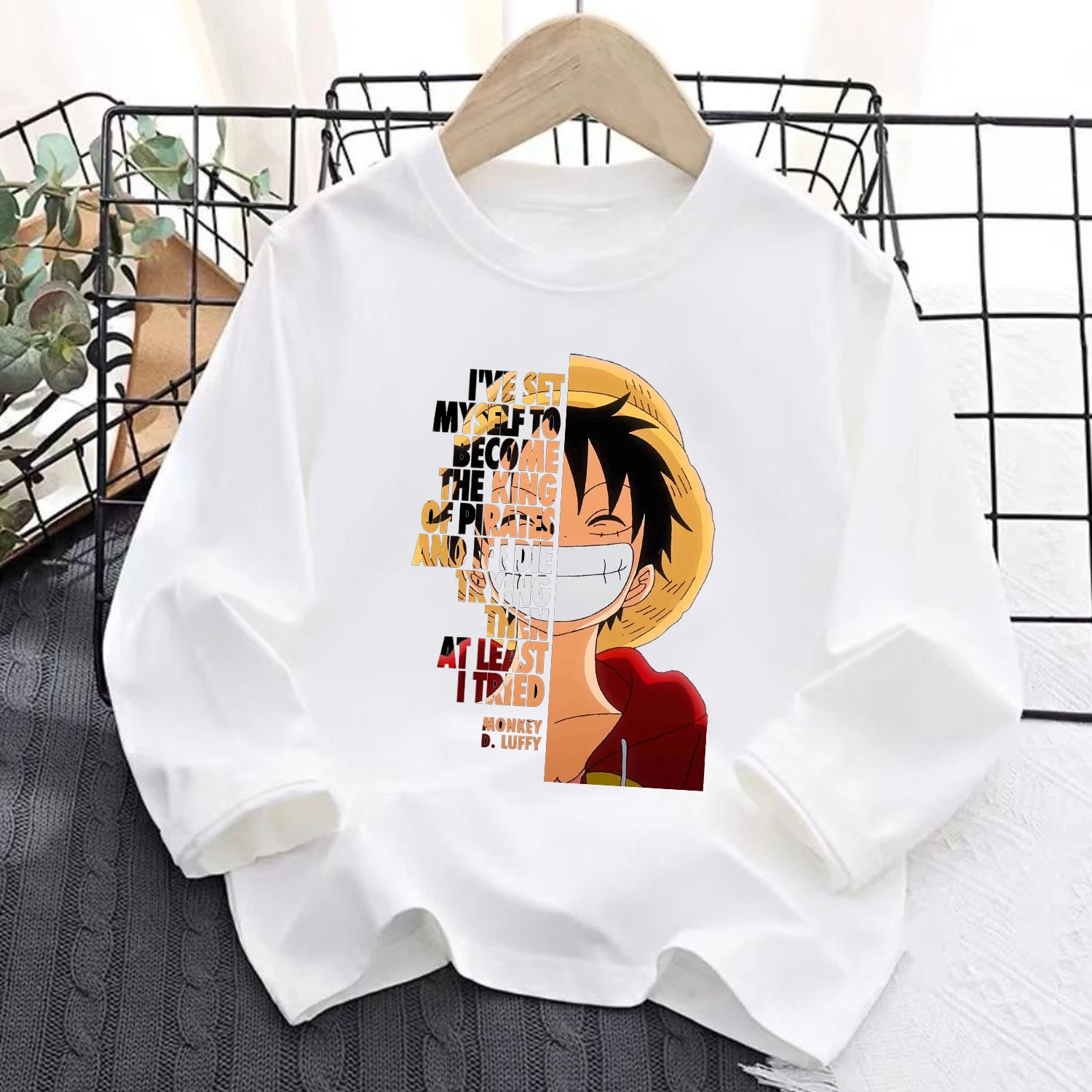 One Piece Luffy Long Sleeve for Children Hot Anime Clothing Fashion Zoro White Caftan Kids Clothes Round Neck Blouse Top Gift