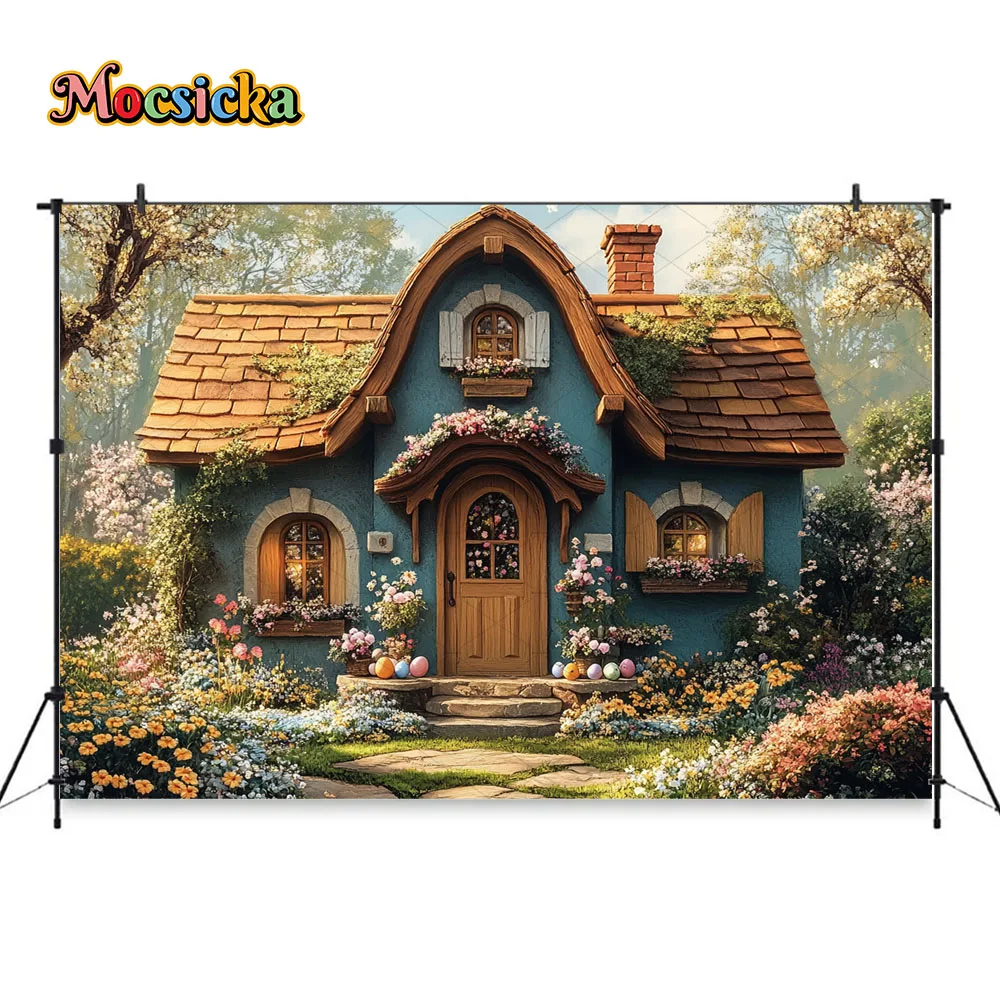 Mocsicka Easter House Background Photography Spring Fairyland Flower Egg Photo Backdrop Kid Birthday Party Baby Shower Photocall