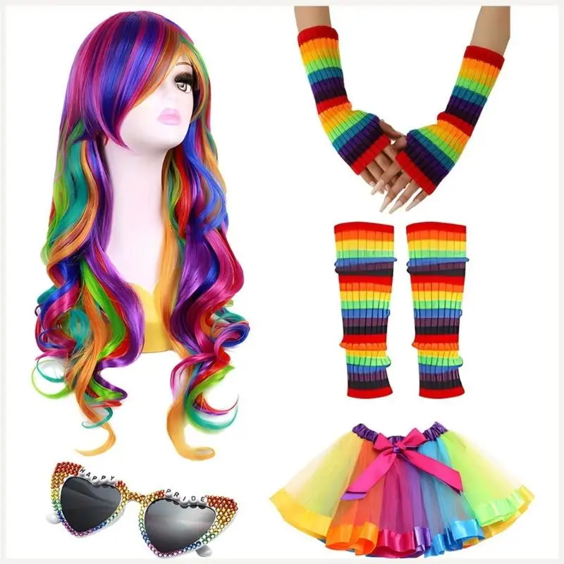 Tenues Rave arc-en-ciel, accessoires Costume avec jupe Tutus arc-en-ciel, bandeau fleuri, chauffe-bras pour adultes