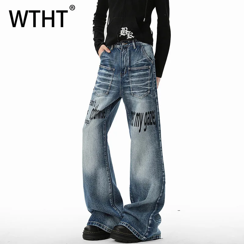 

WTHT винтажные мужские джинсовые брюки с буквенным принтом, старый дизайн, модные уличные широкие джинсы, мужские осень 2023, 2A2257