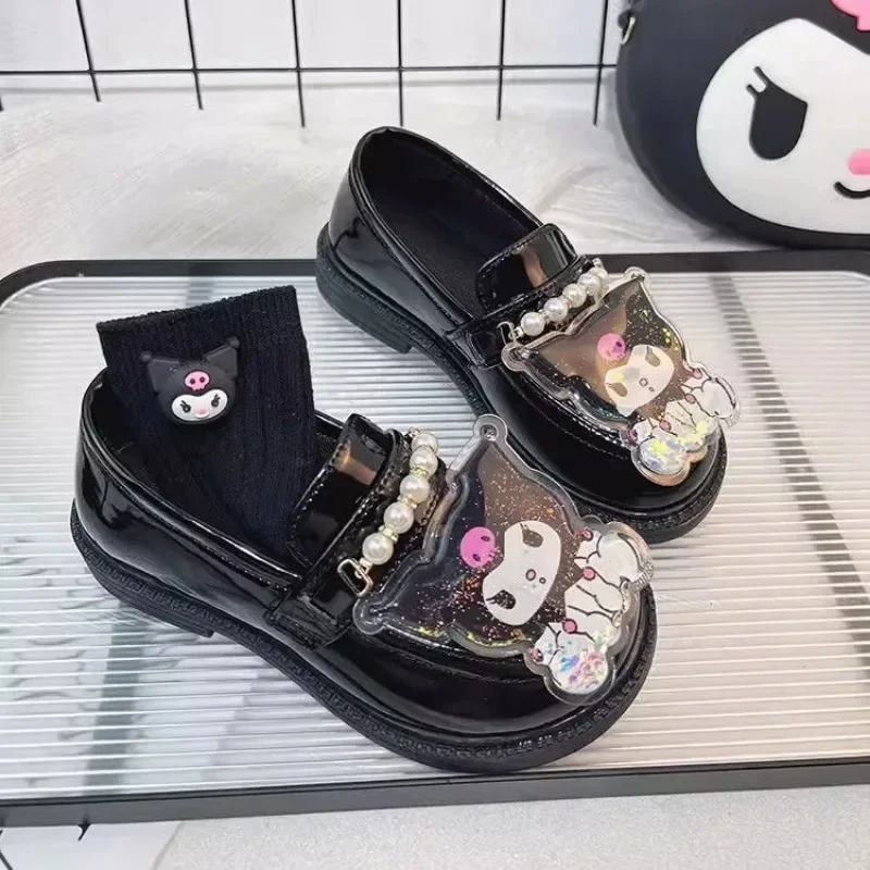 Doce kuromi anime sanrio ins kawaii sapatos de couro bonito dos desenhos animados crianças sapatos princesa sola macia presentes adoráveis para crianças