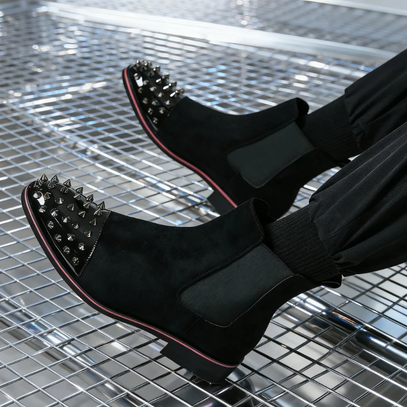 الفاخرة المسامير تصميم الرجال تشيلسي الأحذية موضة جلد الغزال وأشار حذاء من الجلد للرجال عالية أعلى حذاء كاجوال Botines Hombre #1