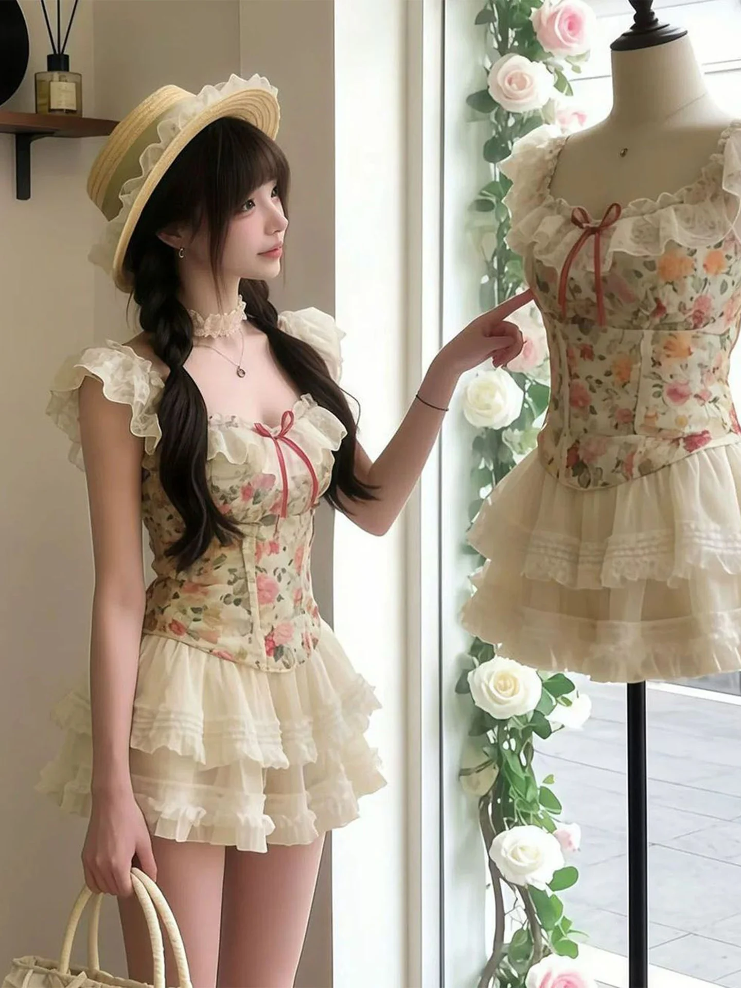Summer Sweet Floral One Shoulder Netting Cake Skirt Two Pieces Set Women's Fashion Ensemble Breathable Lightweight Casual Wear