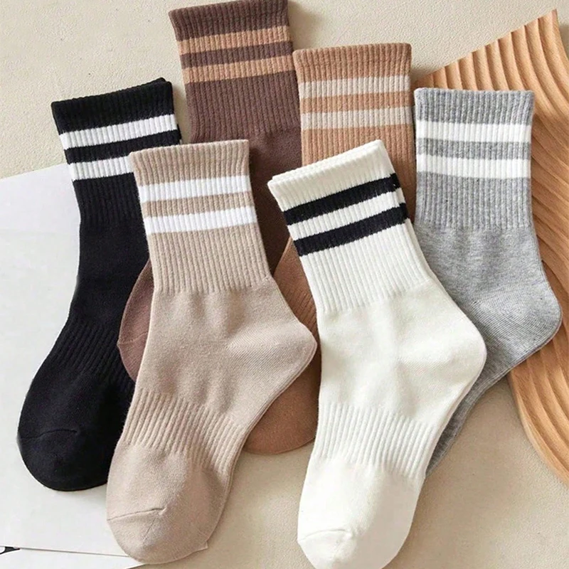 6 Pairs Women's Mid-Calf Socks Non-Slip Ribbed Cuff 2-Stripe Solid Color Athletic Casual Ankle Socks