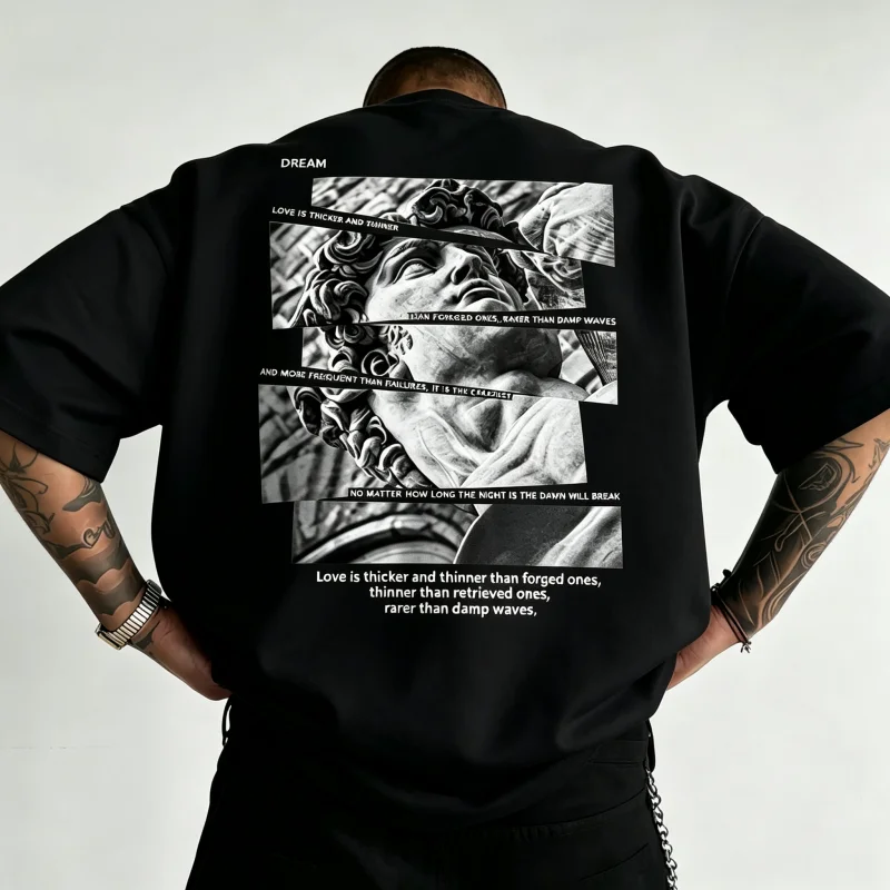 Men's T-shirt Featuring A Collage of Broken Plaster Statues on The Back Printed on The Body Unisex Fashion Short-sleeved T-shirt