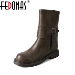 FEDONAS New Arrival Women Mid-calf Boots Thick Heels Motorcycle Boots Round Toe High Warm Shoes Woman Female High Women Boots