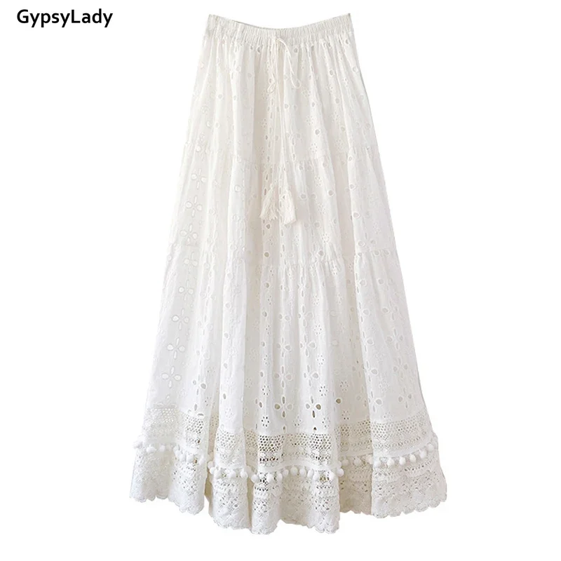 Gypsylady 100% algodão branco saia plissada boho casual verão feminino saias longas ilhós oco para fora babados senhoras chic saia 2022