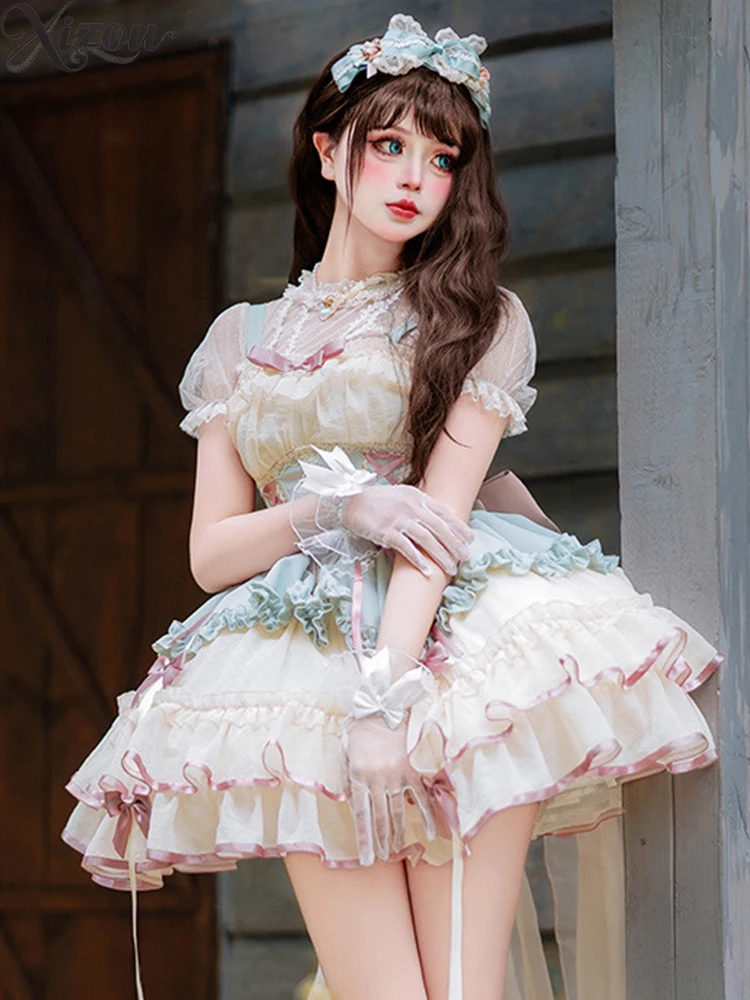 Lolita Princess Style Short Suspender Dress Femme Cute Sweet JSK Above Knee Mini Kawaii Elegant Dresses for Women Summer