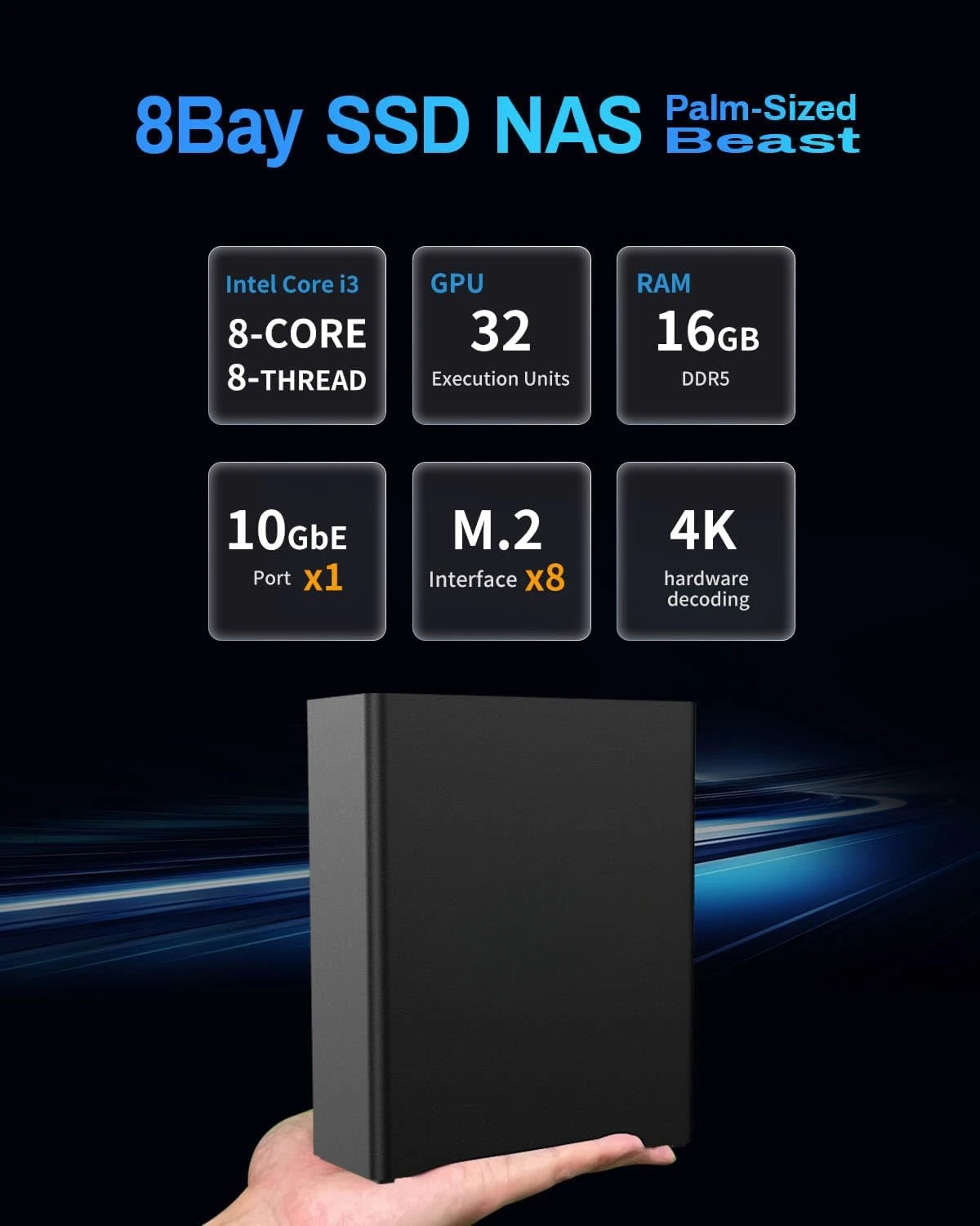 F8 SSD Plus NAS - 8Bay All SSD NAS Storage Core i3 8-Core 8-Thread CPU, 16GB DDR5 RAM, 10GbE Port, 8 Heat Sinks Incl