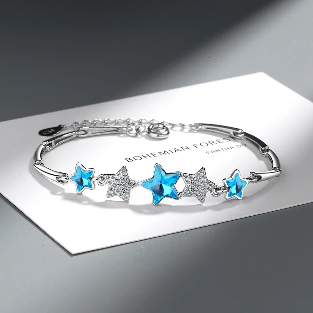 Hot silver color Plata Blue Pentagonal Star Eternal Bracelet For Women Handmade FemaleStackable Zircon Crystal Jewelry Bijoux