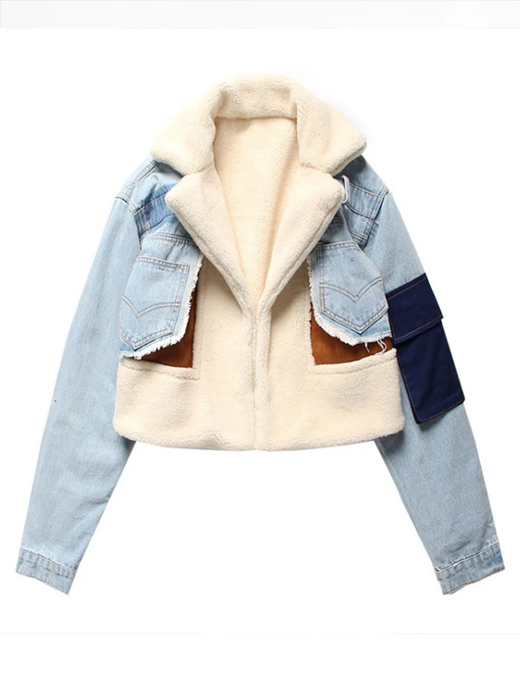 Denim Patchwork Jacket Women Autumn Winter Thick Lambswool Motorcycle Jacket Female Vintage Fashion Turn Down Collar Plush Coat