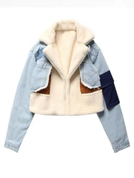 Denim Patchwork Jacket Women Autumn Winter Thick Lambswool Motorcycle Jacket Female Vintage Fashion Turn Down Collar Plush Coat