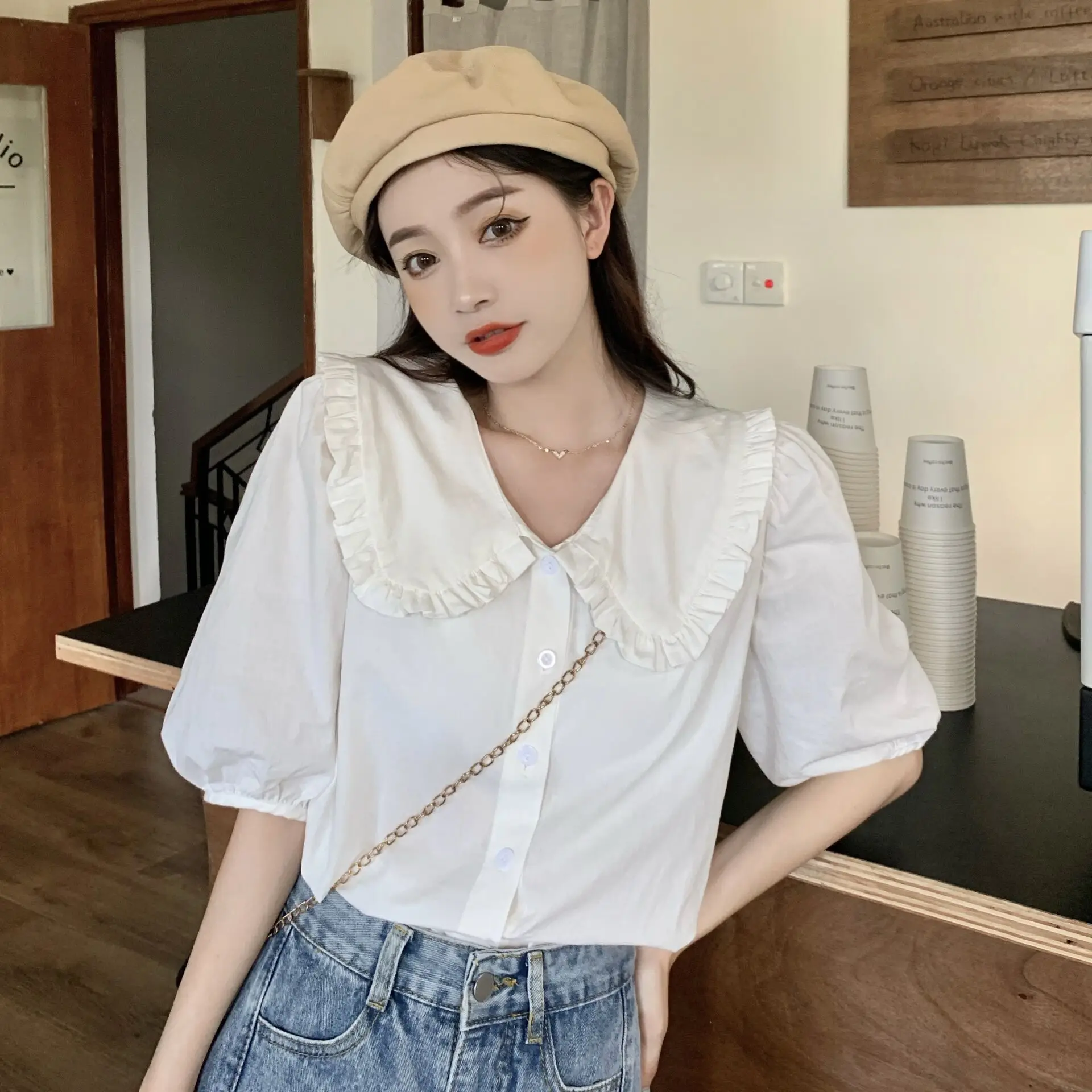 

Sweet Style Bubble Sleeve Short Shirt Women's Loose Fit Summer Top plus Size Doll Collar Cover Belly Short Length Anti-Aging