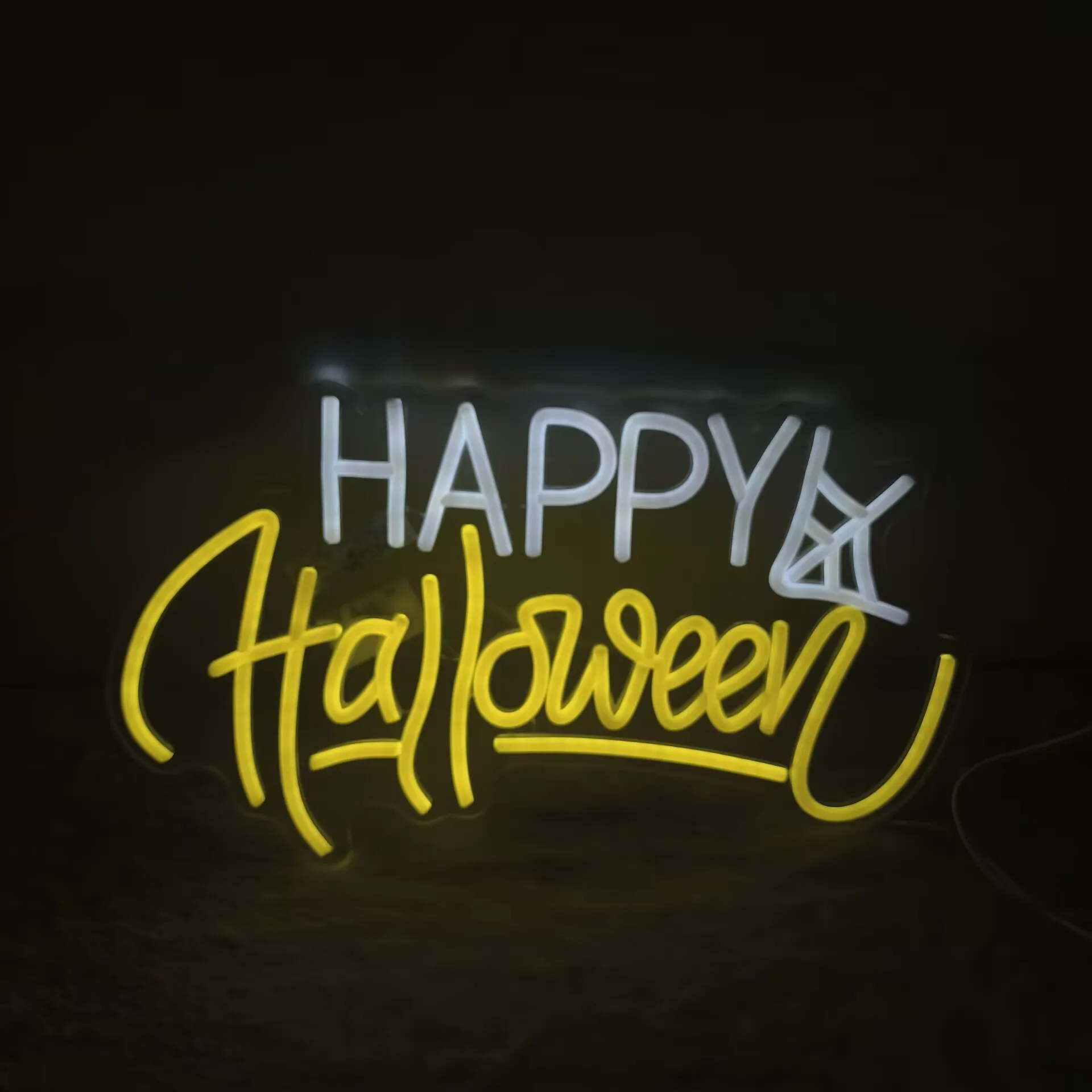 Happy Spider Web LED Neon Sign USB Dimmable Neon Light Sign for Gameroom Bedroom Bar Livingroom Birthday Party Gift Wall Decor