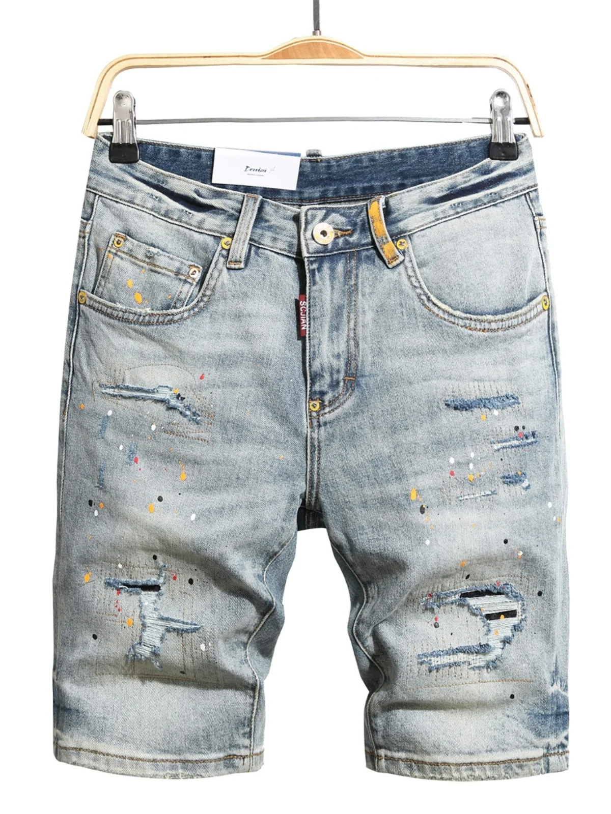 

Мужские джинсовые шорты с эффектом потертости, с пятью карманами, средней посадкой, прямого кроя, повседневные, летние, модные, прочные, свободного кроя