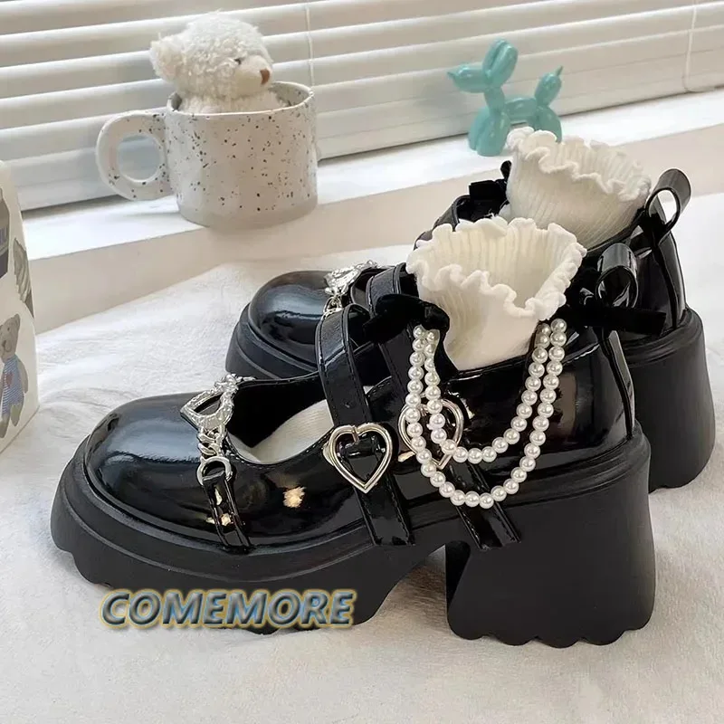 Sweet Heart-Shaped Buckle Lolita Shoes Women's Patent Leather Platform Mary Janes Woman Metal Decoration Chunky Heels Pumps 2025