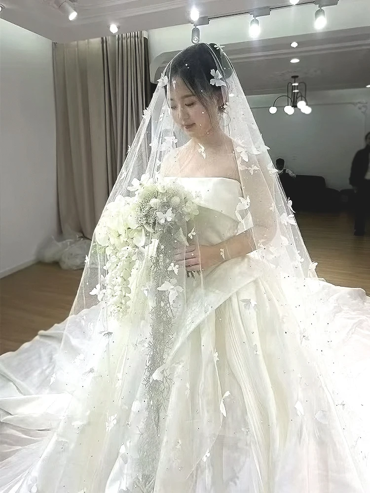 Свадебное белое трехмерное вуаль-бабочка, основное свадебное платье, тяжелая промышленность, жемчужная роскошная мягкая пряжа большого размера со шлейфом