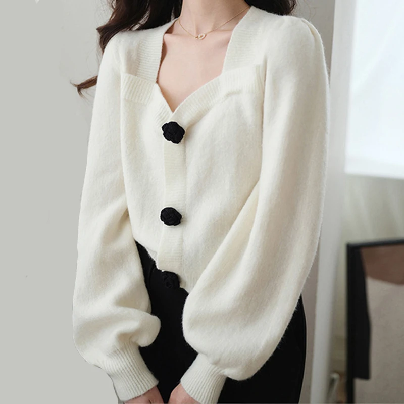 

Vintage Square Neck Cropped Sweater Woman Autumn Casual Lantern Sleeve Women Pullovers Fashion Loose Solid Knit Top Female 2023