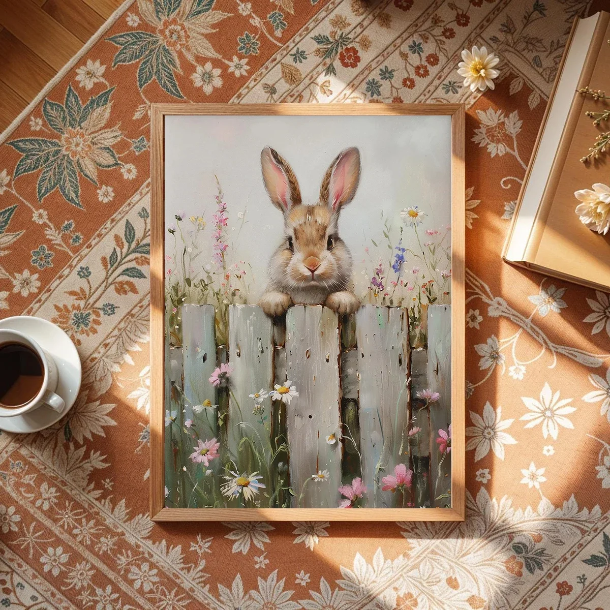 Cute Bunny Farmhouse Wildflowers Canvas Print Poster Vintage Rabbit Animal Art Prints Bedroom Easter Wall Art Home Decor Post