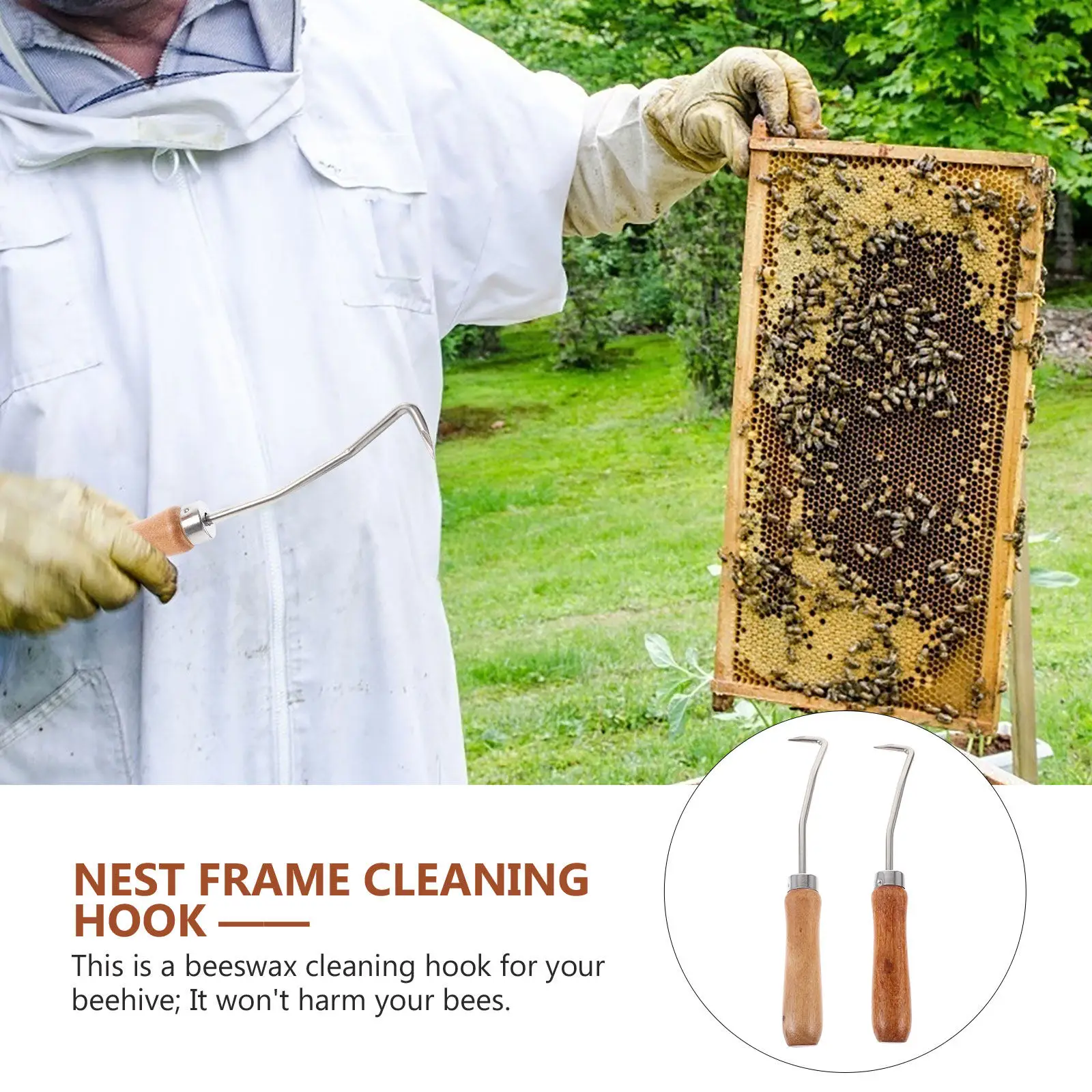 2Pcs Beehive Cleaning Hook Wooden Handle Beewax Remover for Honeycomb Frames Safe Non-Damaging Beekeeping Tool Beekeeping