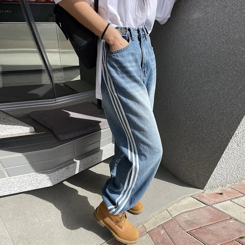 Celana Jeans Wanita High Waist Wide Leg Musim Semi Musim Panas Musim Gugur Gaya Kasual Desain Garis Warna Blo Celana Denim Berlipat