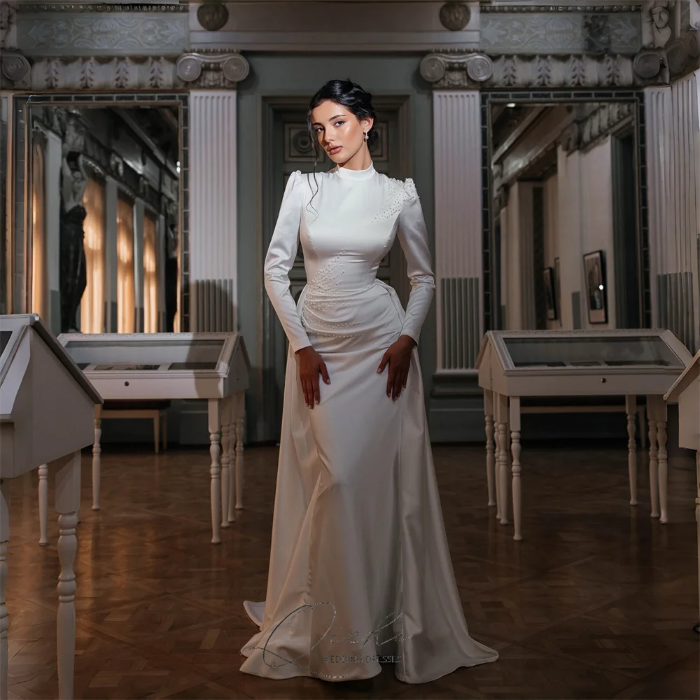

QICHE Elegant Beading Muslim Mermaid Wedding Dress With Train Long Sleeves High Collar Party Gown Vestidos De Novia Customized