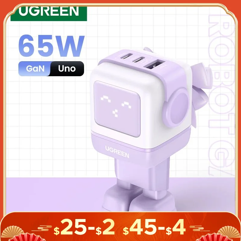 

New！UGREEN 65W GaN Charger Robot Design Quick Charge 4.0 3.0 PPS for iPhone 16 15 14 Pro Macbook Laptop Tablet PD Fast Charger