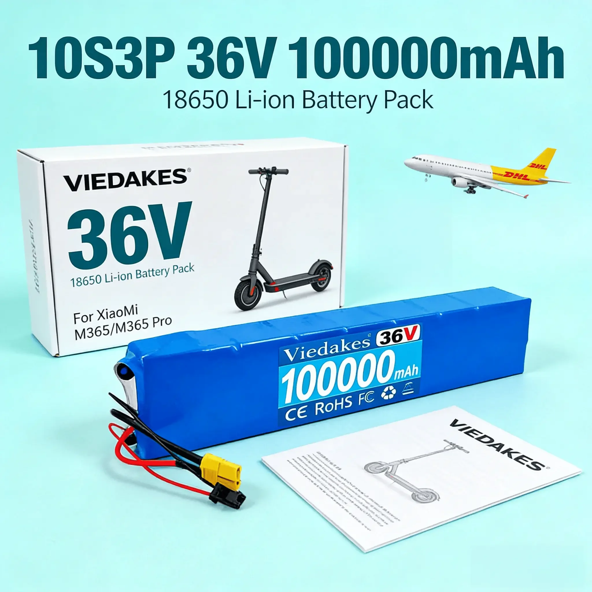 

36V 10S3P 100Ah Lithium Battery Pack, Compatible with Xiaomi M365/M365 Pro,18650 Li-ion with BMS,Suitable for Scooter, E-Bike