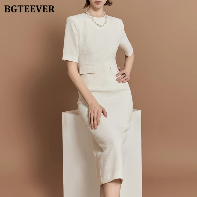 BGTEEVER Spring Summer O-neck Short Sleeve Female Dress Elegant Slim Waist Women Dress Ladies Vestidos