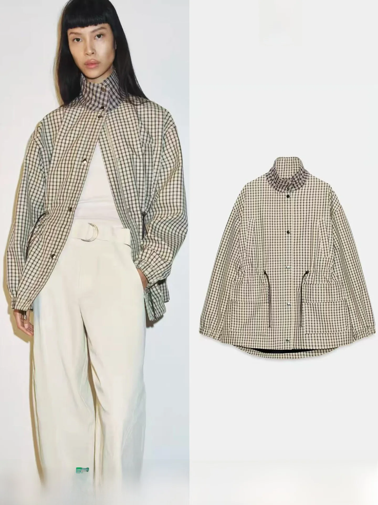 

New 2026 Women's Long Sleeve Stand Collar Casual Waist-Cinching Plaid Coat Beige Windbreaker Versatile Style Regular Thickness