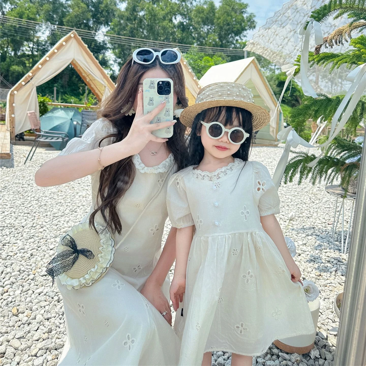 Mother and Daughter Matching White Dress Mom Baby Girls Equal Short Sleeve Dresses Mommy and Me Elegant Clothes Women Clothing