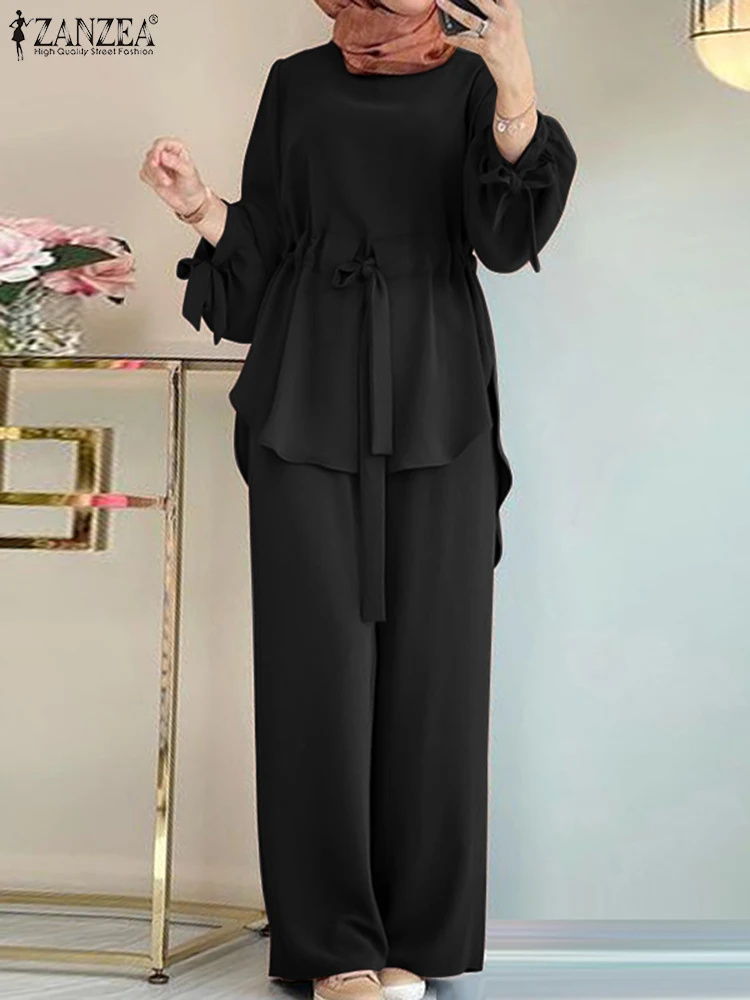 ZANZEA femmes musulmanes correspondant ensembles à manches longues dessus de couleur unie et pantalon ample costumes élégant mode survêtement de sport caftan 2025