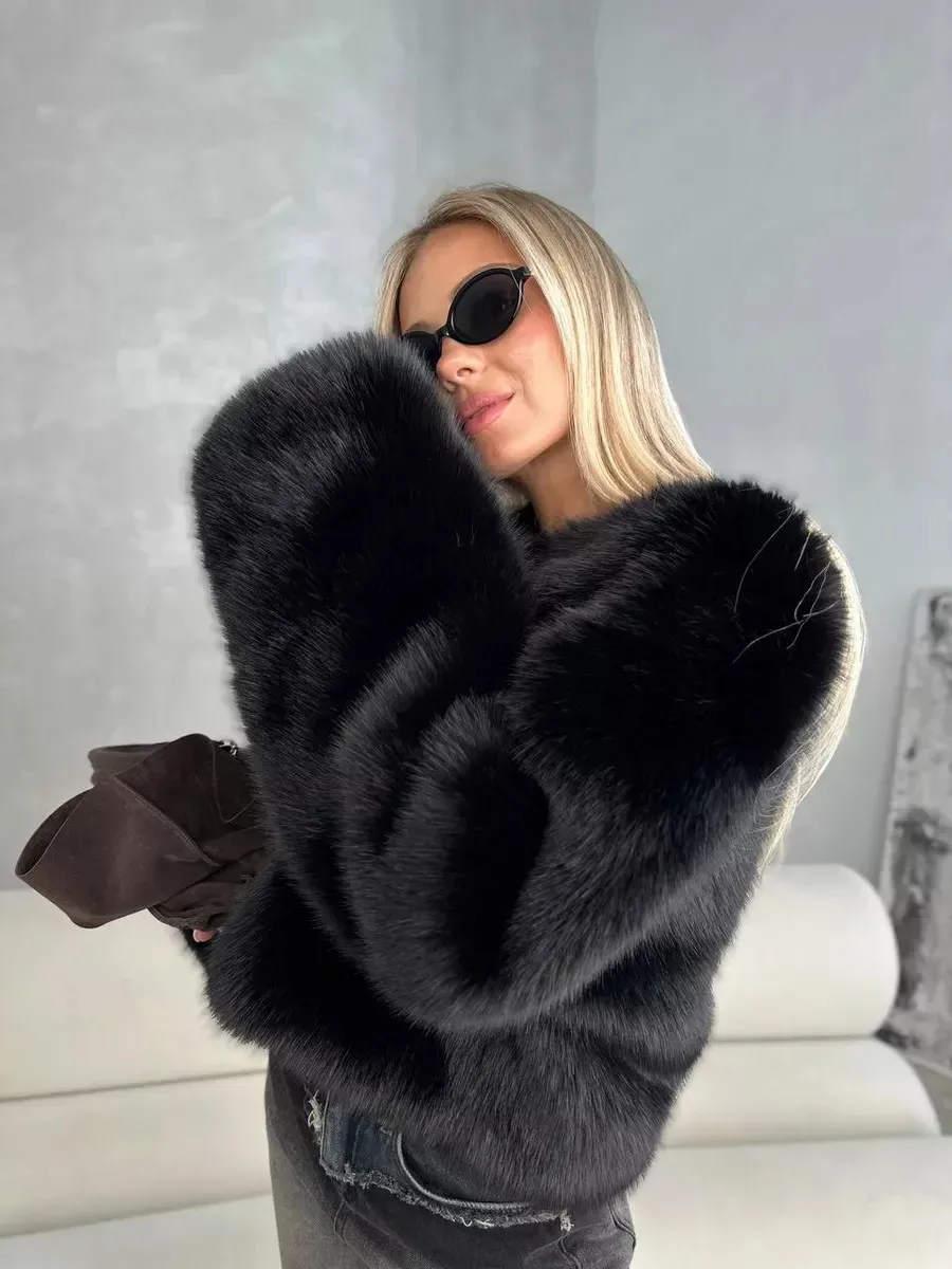 Women Faux Fur Coats Solid Short Jackets Long Sleeve Round Neck Open Stitch Thick Straight Fit Elegant Casual 2026 Autumn Winter