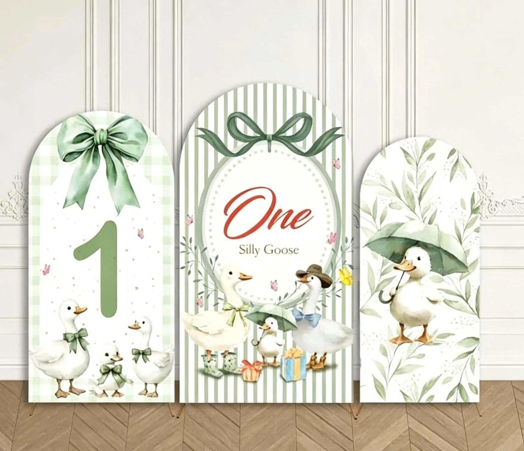 Custom 2-Side One Silly Goose Bridal Shower Arch Backdrop Cover Green Plaid Diy Name Age Birthday Party Decor Backdrop Photo