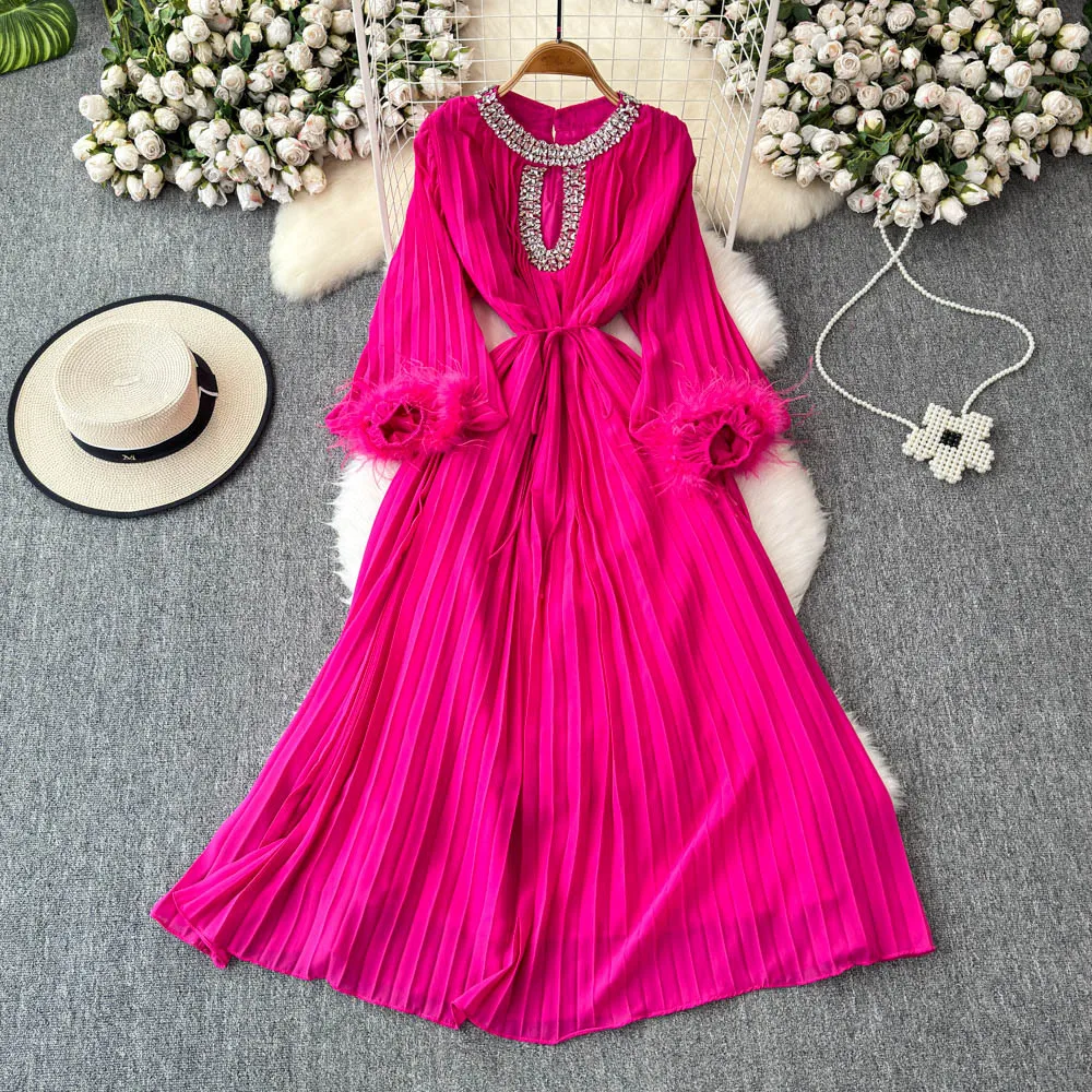 Quality 2025 Spring Crystal Loose Full Sleeve Maxi Pleated Chiffon Dress For Women Elegant Prom Evening Party Long Dresses Lady