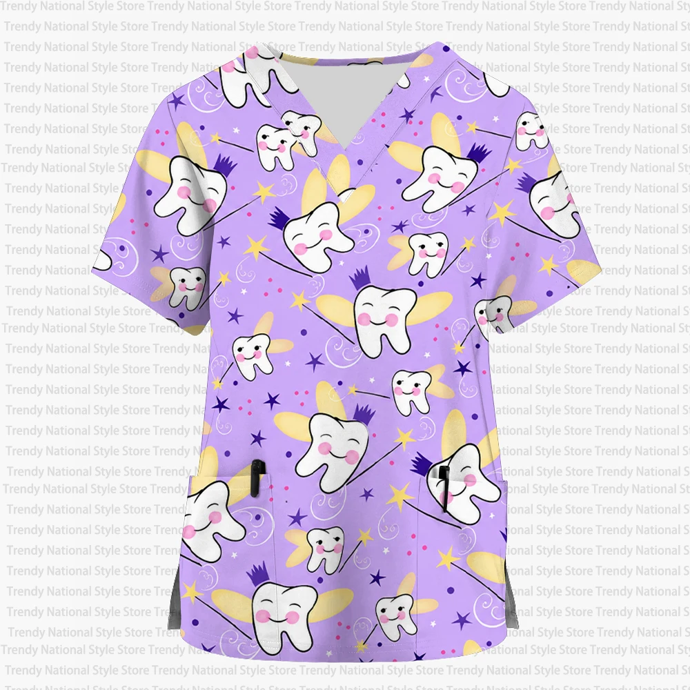 Women's Cartoon Dental Print Nurse Uniform Short-Sleeve Top V-Neck Work Shirt with Pockets Women's Uniform T-Shirt