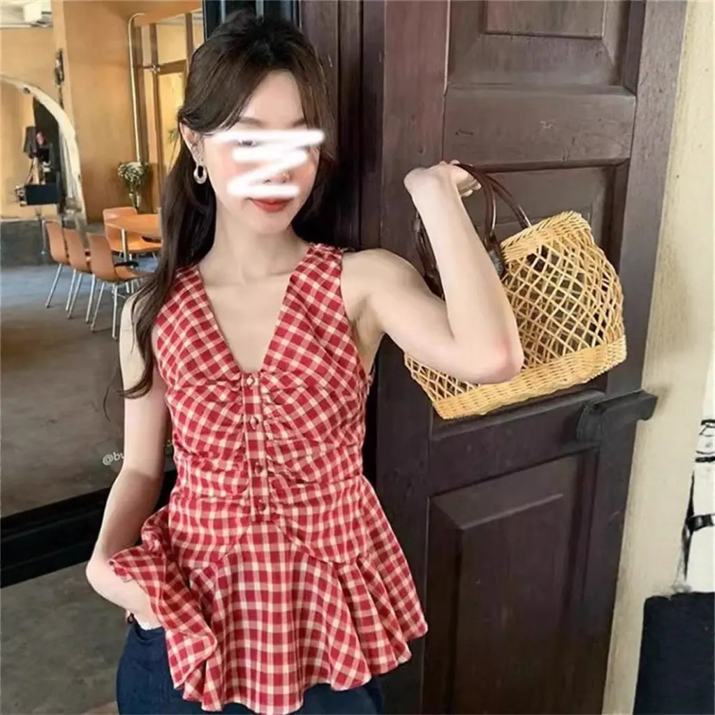 

Retro Hong Kong Style Red Plaid V-neck Strapless Vest Women's Summer Youthful Versatile Slimming Sleeveless Top