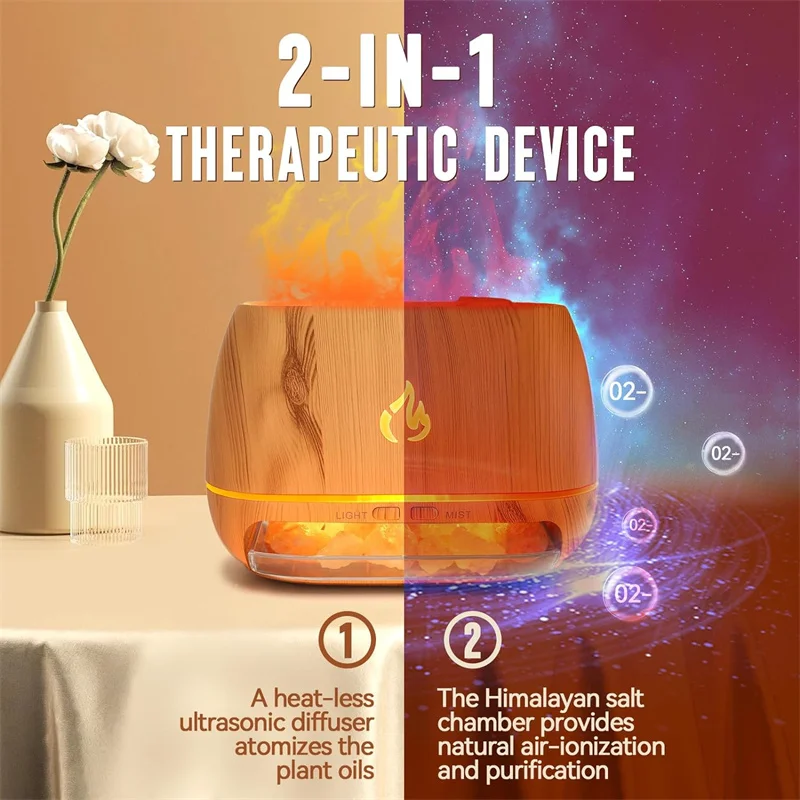 Flame Light Diffuser Aroma Ultrasonic Salt Stone LED Aromatherapy Room Aromatic Humidifier Atomizer Essential Oil Diffuser