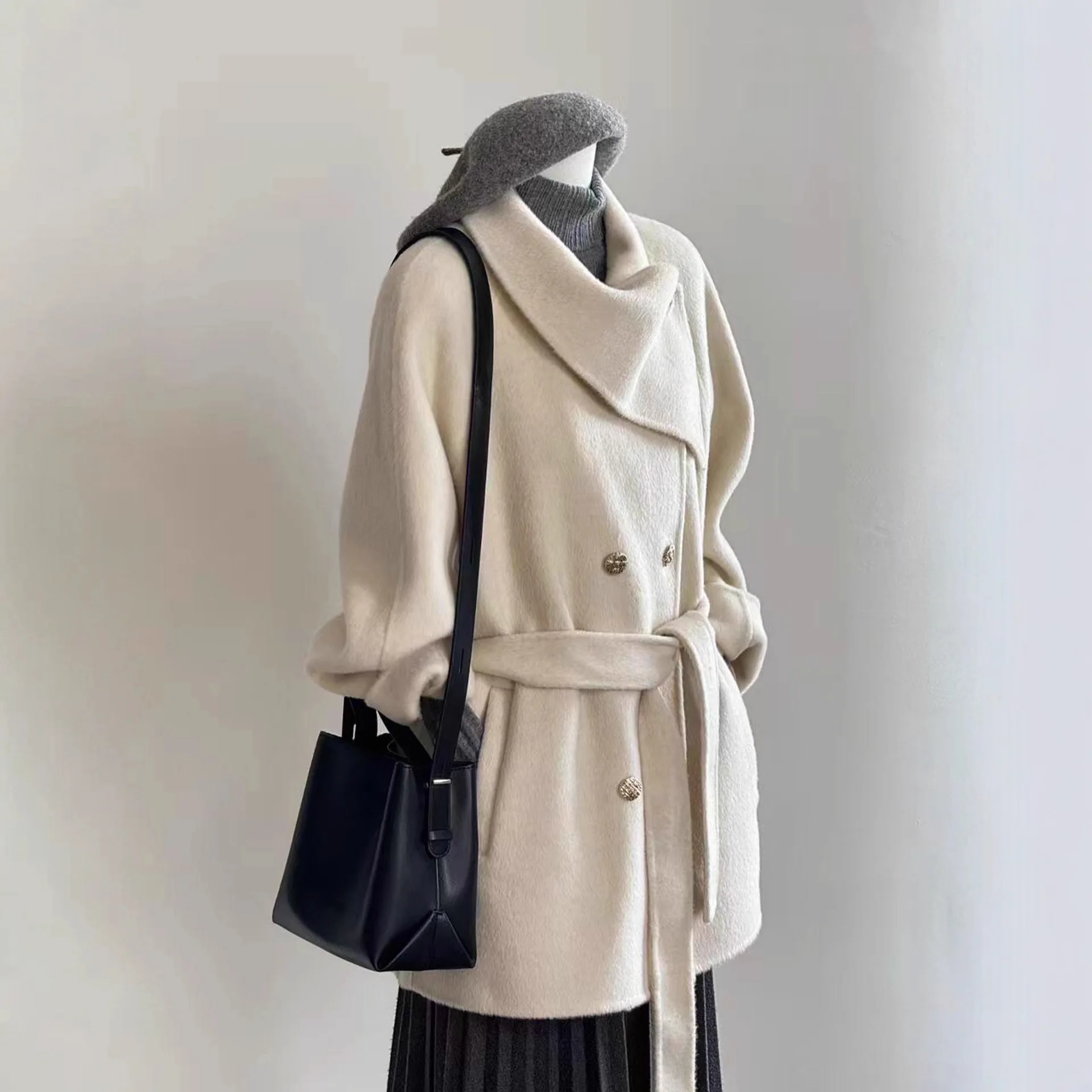 SuperAen Autumn and Winter 2025 New Korean Style Mid-length Woolen Coat for Women Double Breasted Lace-up Jackets