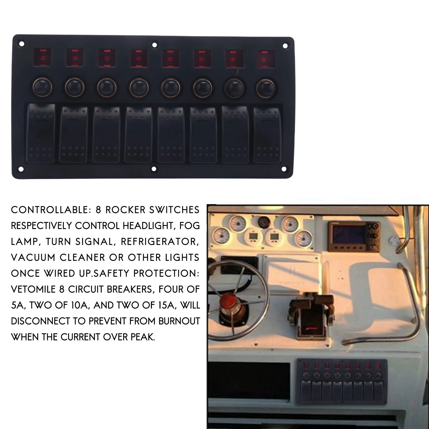 Boat Car Marine Rocker Switch Panel 8 Gang 3PIN & Circuit Breaker Overload Protection Waterproof LED Switch Panel DC12/24V ON-OF