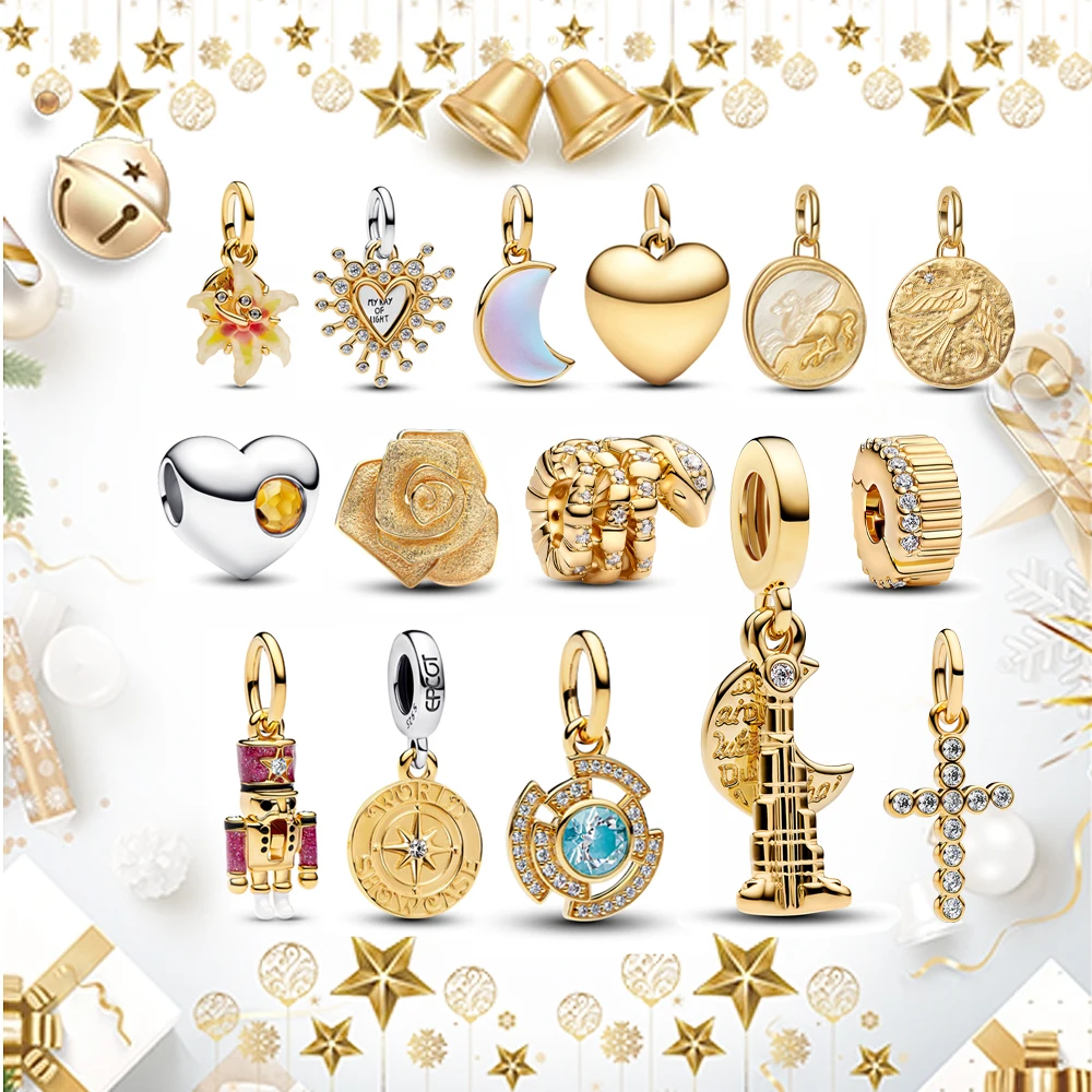 

Original 925 Sterling Silver Sparkling Colorful Moon & Radiant Heart Double Dangle Charm Fits Bracelet For Necklace Pendant