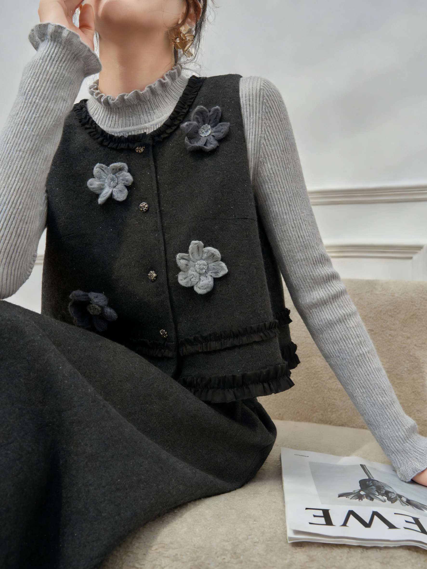 

Винтажный комплект из двух предметов: топ с 3D-цветами и юбка с высокой талией, прямого кроя, в корейском стиле, для зимы, женский